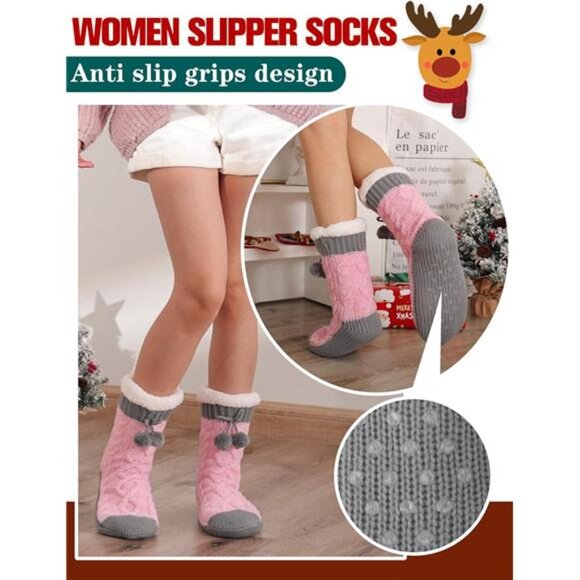 Womens Slipper Fuzzy Grips Socks Fluffy Winter Warm Thick Thermal Cozy Plush - Picture 4 of 7